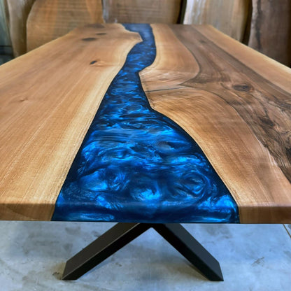 Blue Epoxy River in Walnut Wood Dining Table