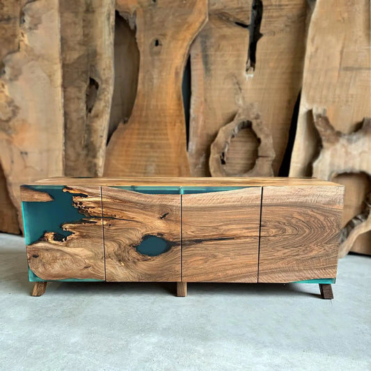 4-Door Walnut & Turquoise Coastal Resin Cabinet