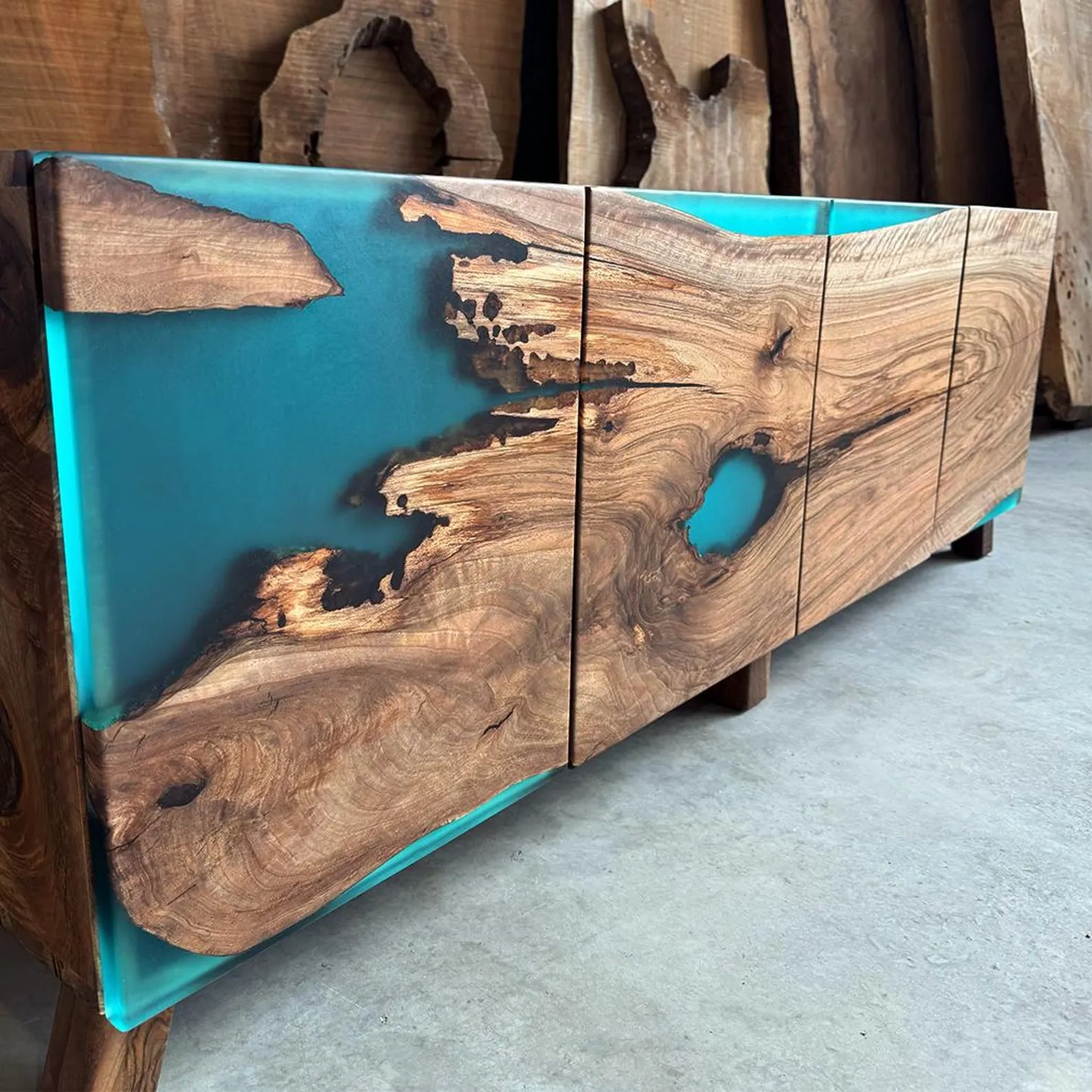 4-Door Walnut & Turquoise Coastal Resin Cabinet