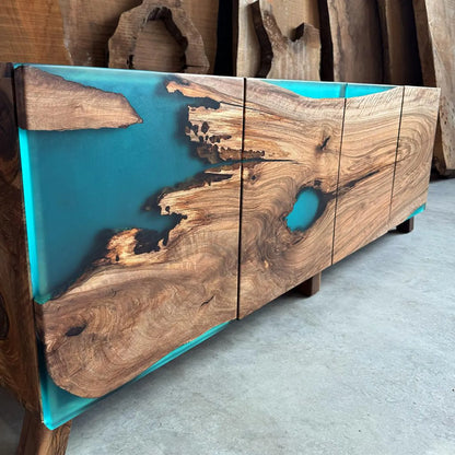 4-Door Walnut & Turquoise Coastal Resin Cabinet