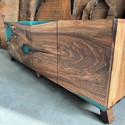 4-Door Walnut & Turquoise Coastal Resin Cabinet