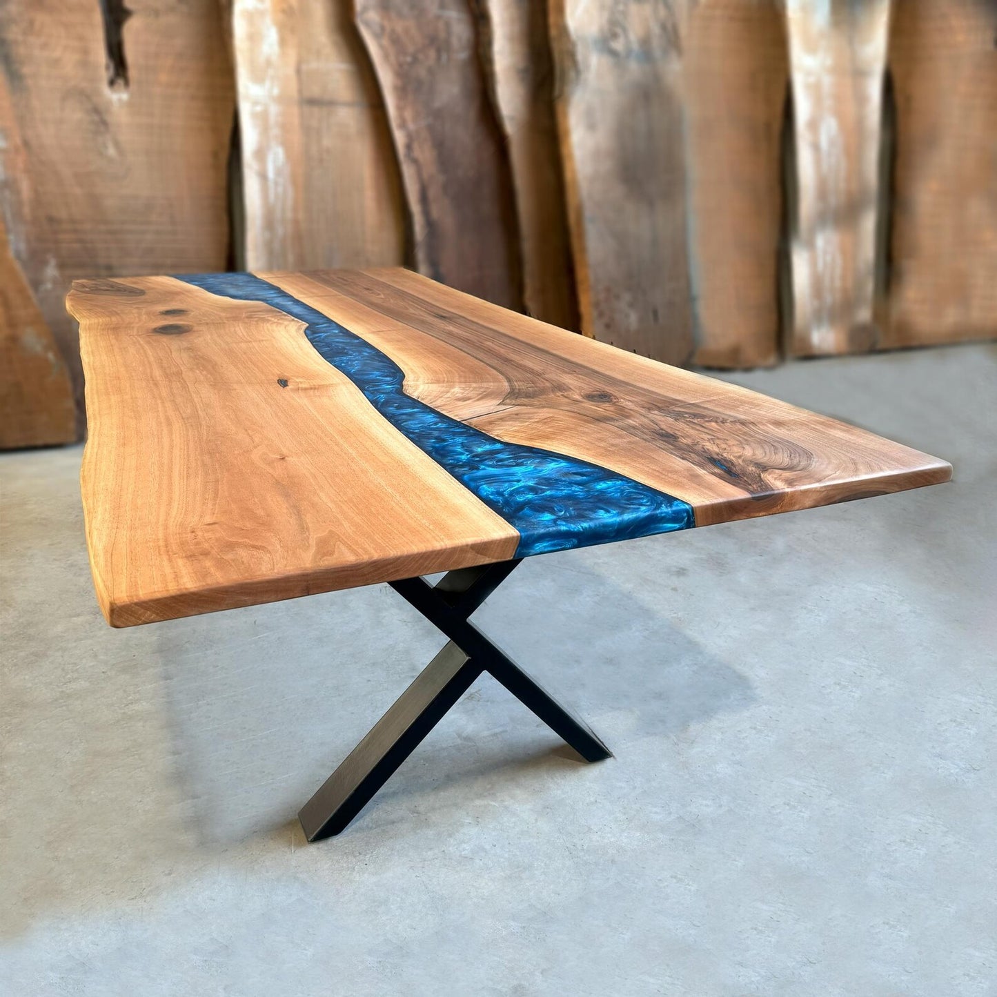 Blue Epoxy River in Walnut Wood Dining Table