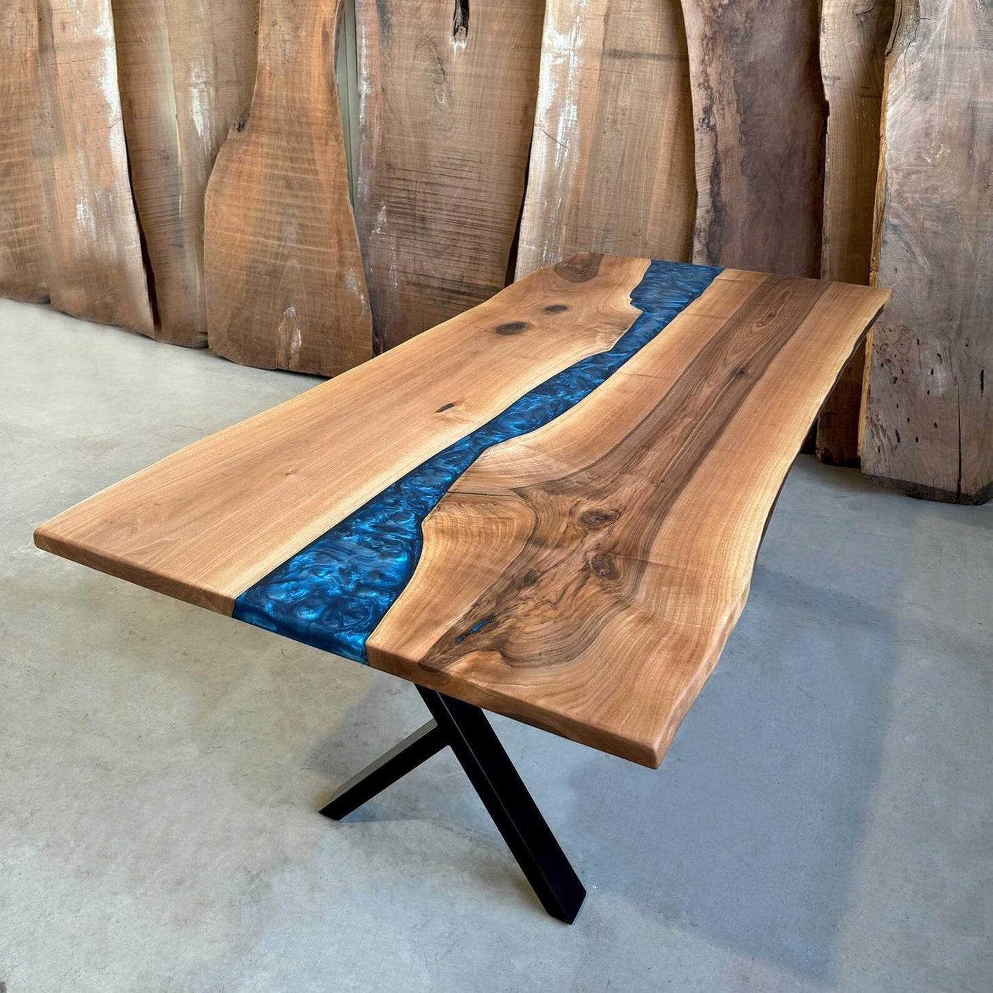 Blue Epoxy River in Walnut Wood Dining Table