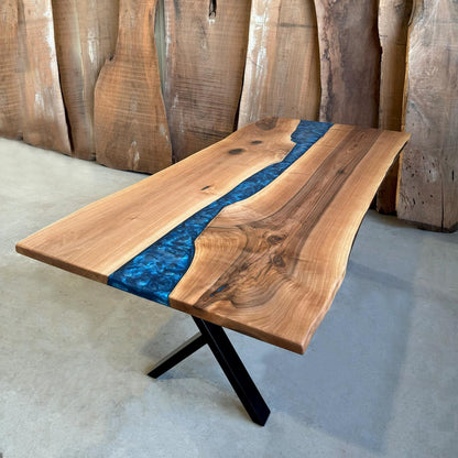 Blue Epoxy River in Walnut Wood Dining Table