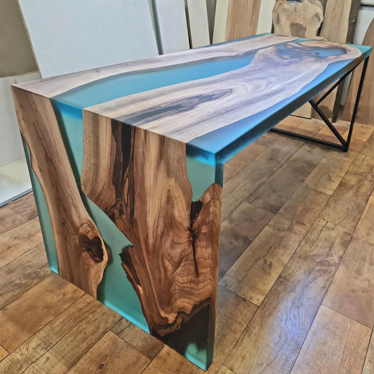 Walnut Waterfall Transparent Turquoise Epoxy Console & Table