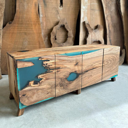 4-Door Walnut & Turquoise Coastal Resin Cabinet