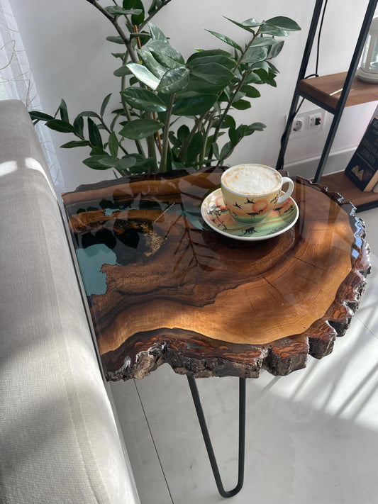 Walnut Wood Tree Slice Turquoise Epoxy Resin Side Table