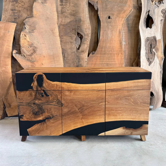Sideboard aus Holz und Epoxidharz in Perltürkis