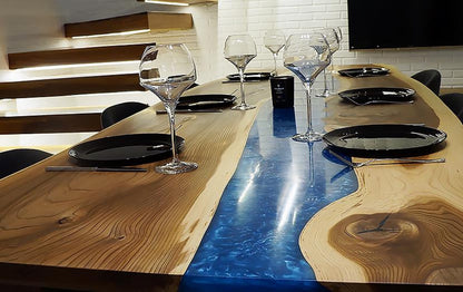 Elm Live-Edge Blue River Epoxy Dining Table