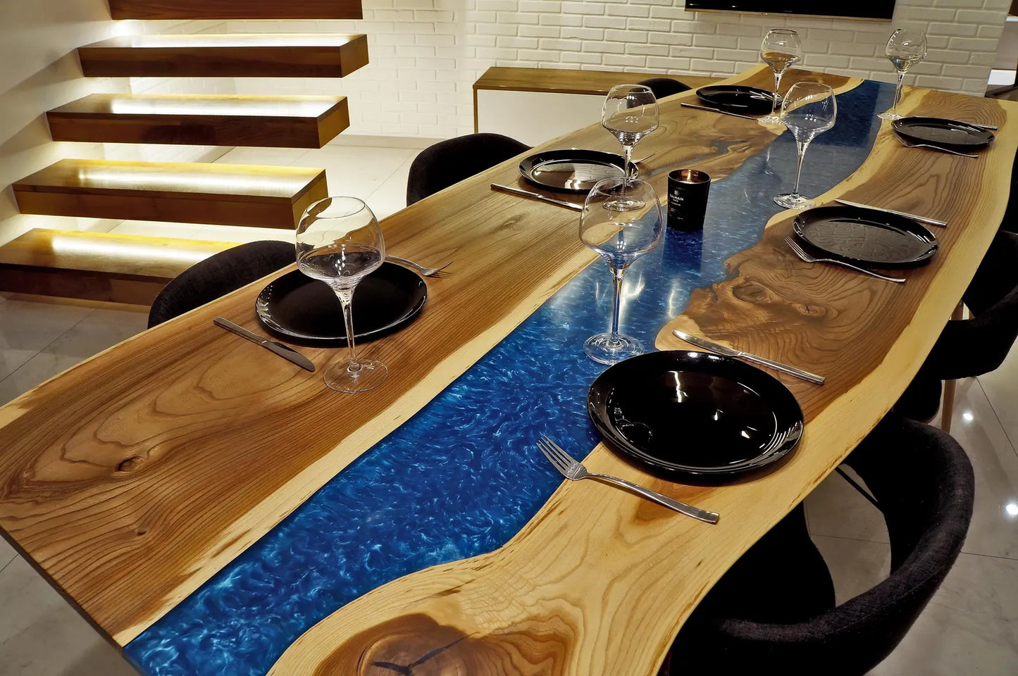 Elm Live-Edge Blue River Epoxy Dining Table