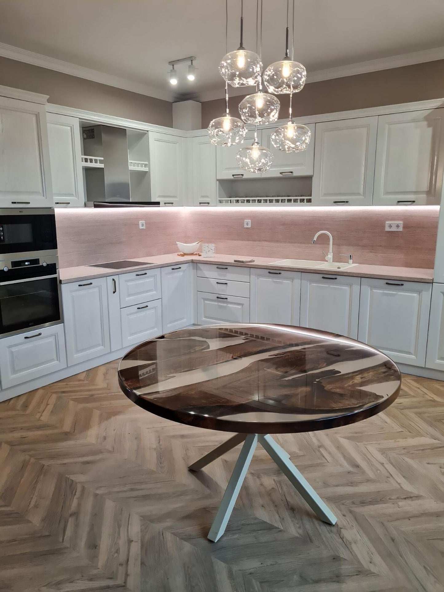 Round Clear Resin & Walnut Dining Table
