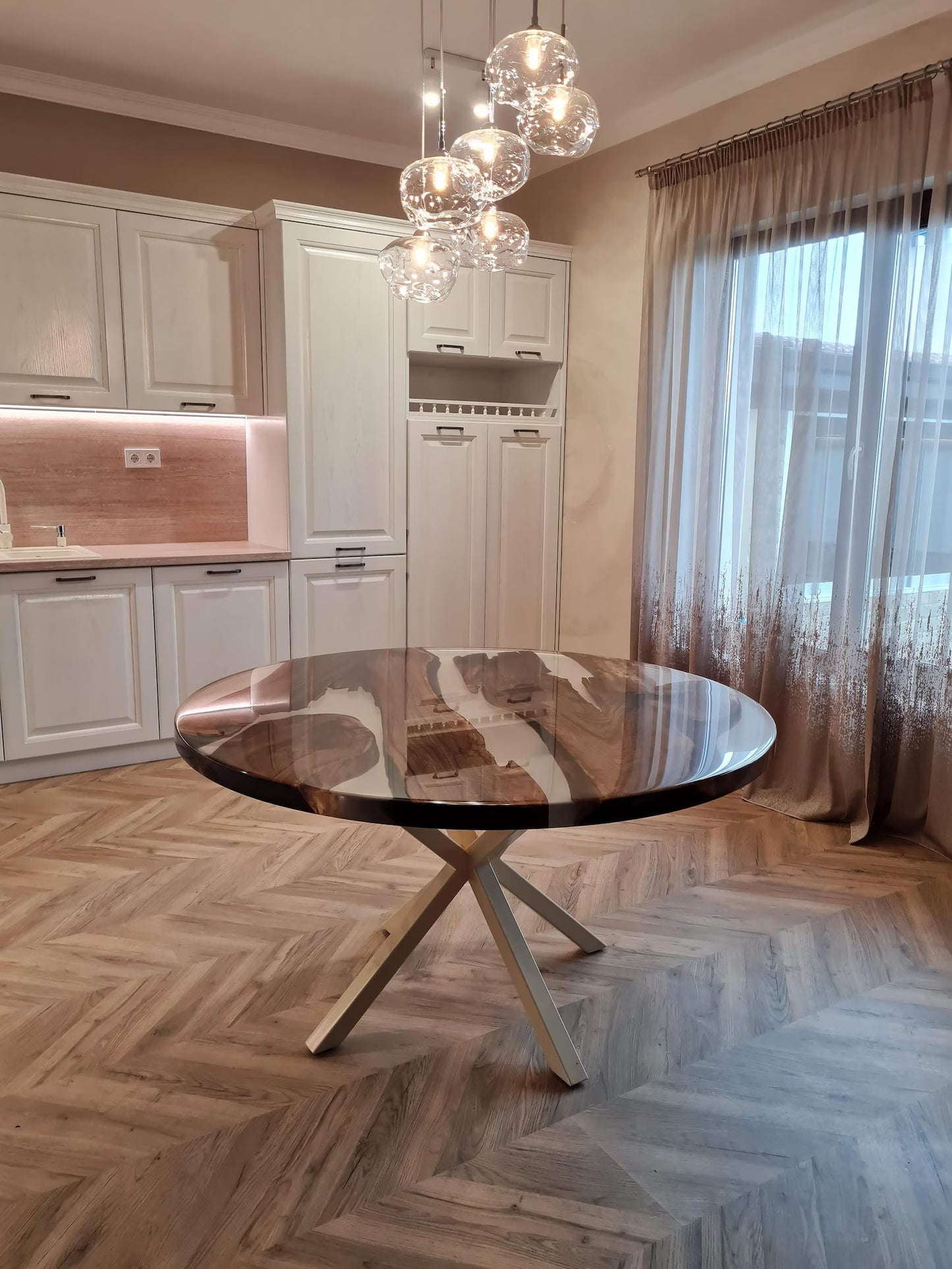 Round Clear Resin & Walnut Dining Table