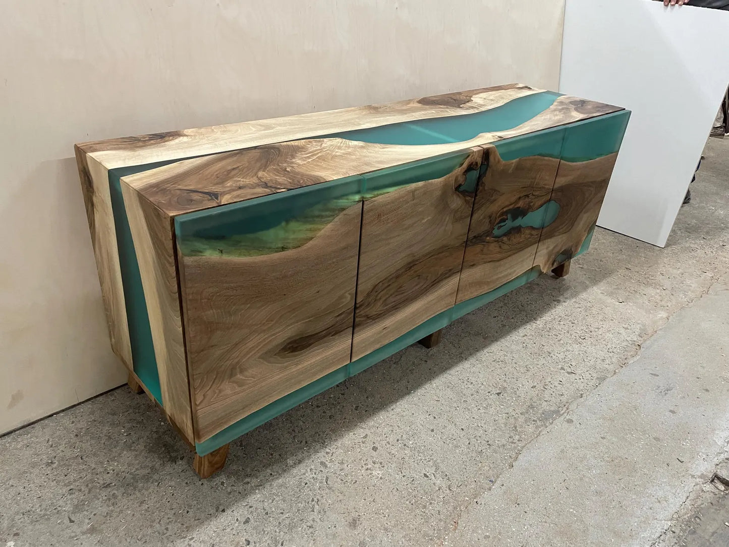 Walnut Turquoise Matte Resin Waterfall Credenza