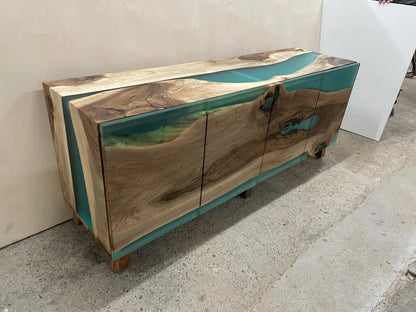 Walnut Turquoise Matte Resin Waterfall Credenza