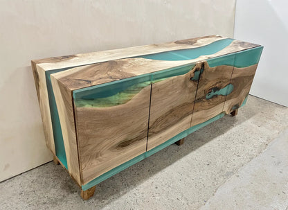 Walnut Turquoise Matte Resin Waterfall Credenza