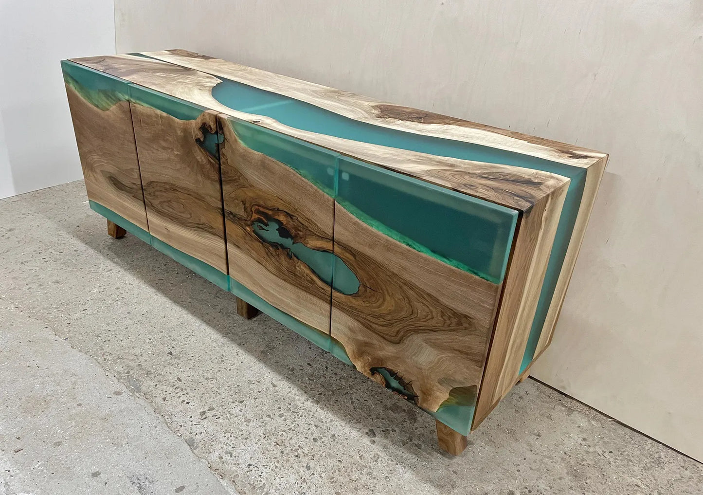 Walnut Turquoise Matte Resin Waterfall Credenza