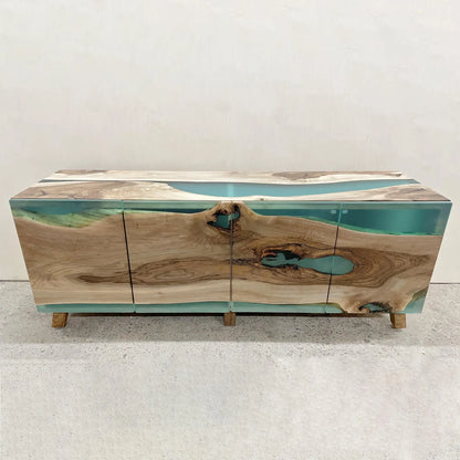 Walnut Turquoise Matte Resin Waterfall Credenza