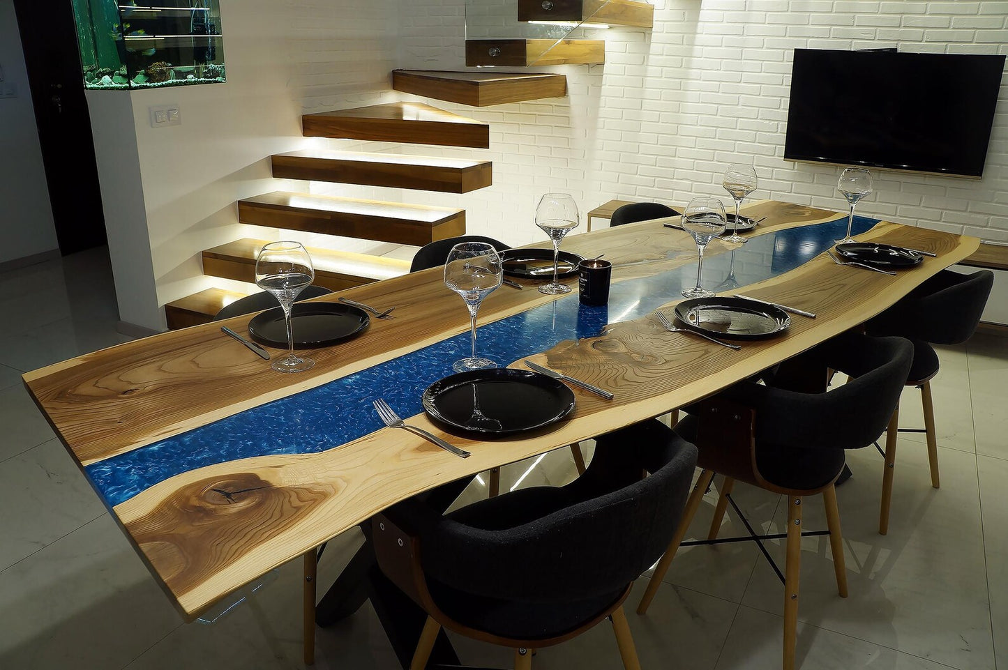Elm Live-Edge Blue River Epoxy Dining Table