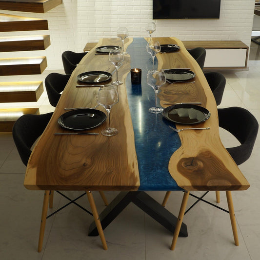 Elm Live-Edge Blue River Epoxy Dining Table