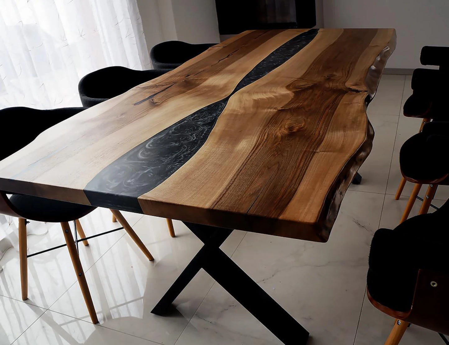 Black Epoxy River on a Walnut Live Edge Dining Table