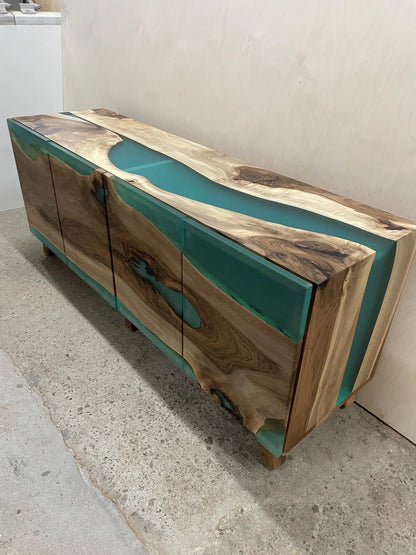 Walnut Turquoise Matte Resin Waterfall Credenza