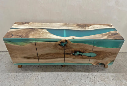 Walnut Turquoise Matte Resin Waterfall Credenza