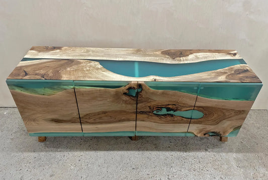 Walnut Turquoise Matte Resin Waterfall Credenza