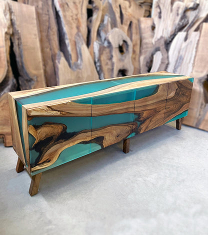 Walnut Turquoise Epoxy Credenza