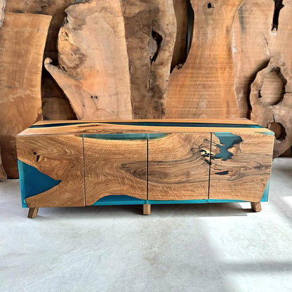 Walnut Waterfall Resin Sideboard – Turquoise Matte Epoxy Credenza – Modern 4‑Door Media & Buffet Cabinet