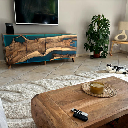 Walnut & Turquoise Resin Sideboard – Handcrafted 4‑Door Credenza – Modern Media Console & Buffet Cabinet