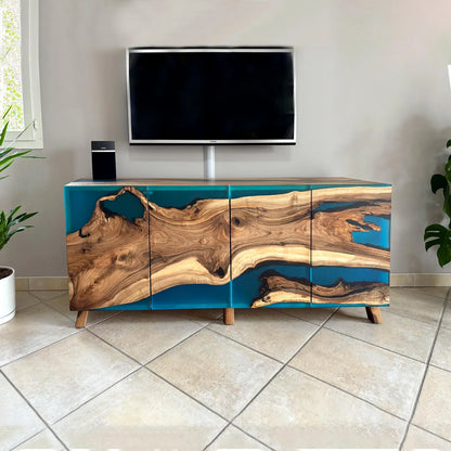 Walnut & Turquoise Resin Sideboard – Handcrafted 4‑Door Credenza – Modern Media Console & Buffet Cabinet