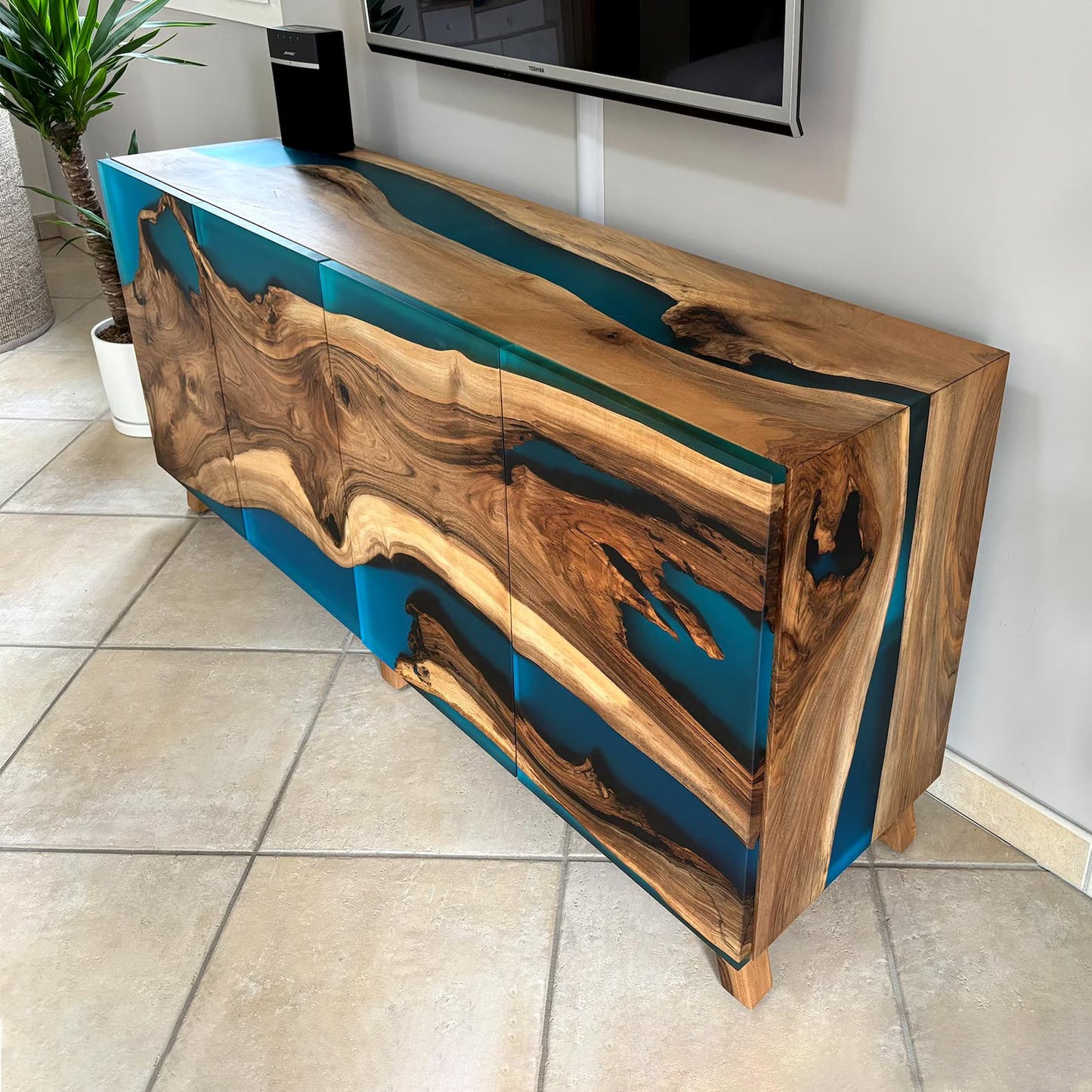 Walnut & Turquoise Resin Sideboard – Handcrafted 4‑Door Credenza – Modern Media Console & Buffet Cabinet