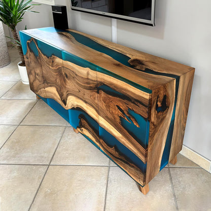 Walnut & Turquoise Resin Sideboard – Handcrafted 4‑Door Credenza – Modern Media Console & Buffet Cabinet