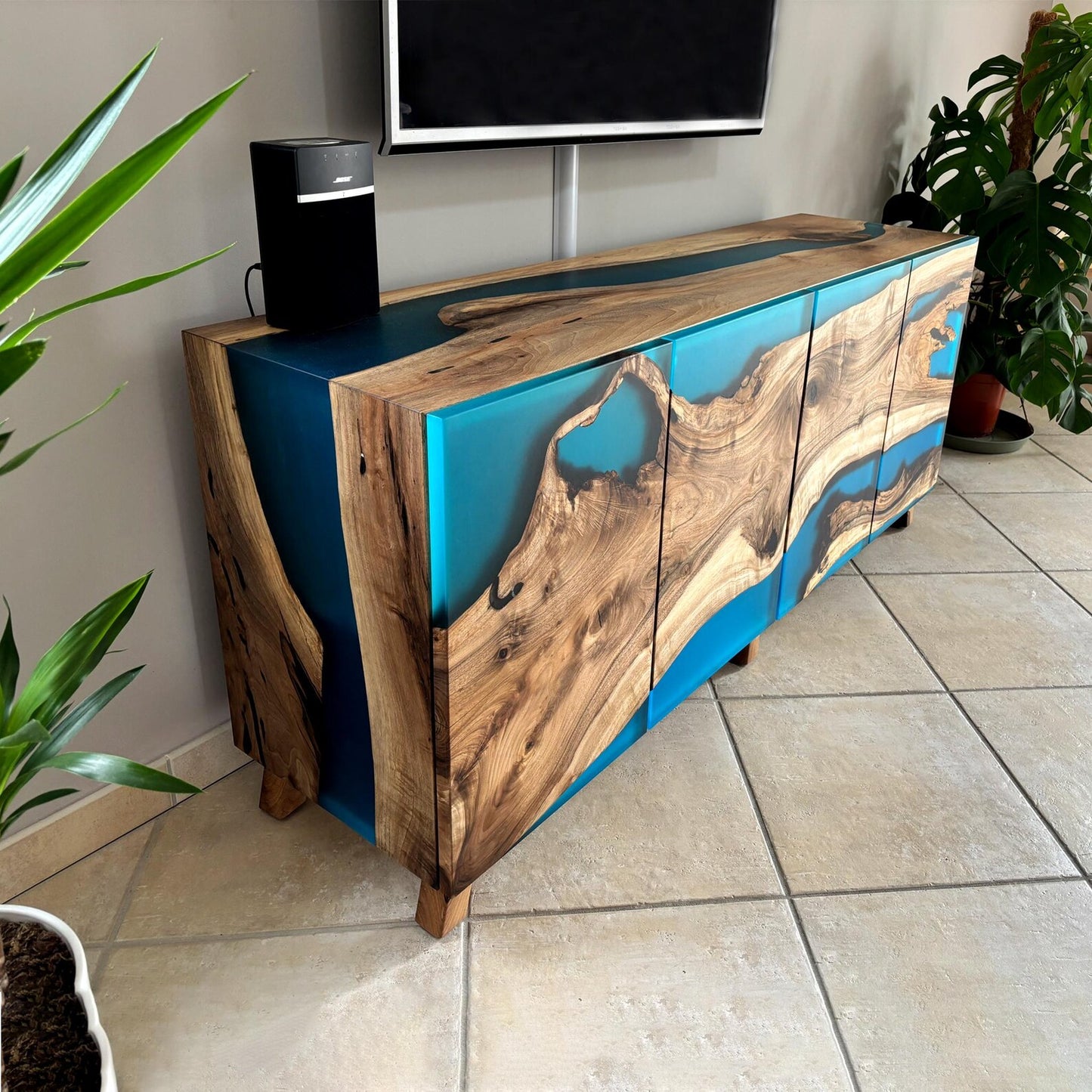 Walnut & Turquoise Resin Sideboard – Handcrafted 4‑Door Credenza – Modern Media Console & Buffet Cabinet
