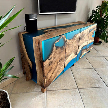Walnut & Turquoise Resin Sideboard – Handcrafted 4‑Door Credenza – Modern Media Console & Buffet Cabinet