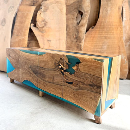 Walnut Waterfall Resin Sideboard – Turquoise Matte Epoxy Credenza – Modern 4‑Door Media & Buffet Cabinet