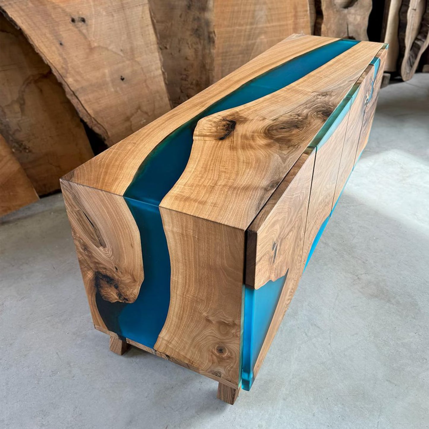 Walnut Waterfall Resin Sideboard – Turquoise Matte Epoxy Credenza – Modern 4‑Door Media & Buffet Cabinet