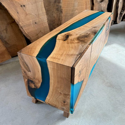 Walnut Waterfall Resin Sideboard – Turquoise Matte Epoxy Credenza – Modern 4‑Door Media & Buffet Cabinet