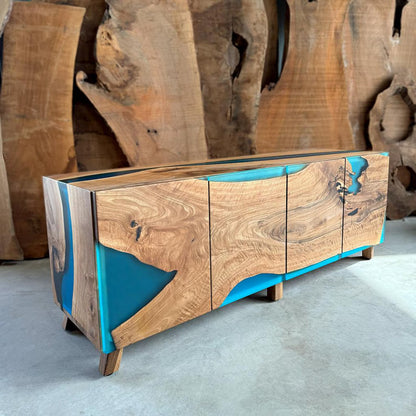 Walnut Waterfall Resin Sideboard – Turquoise Matte Epoxy Credenza – Modern 4‑Door Media & Buffet Cabinet