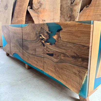 Walnut Waterfall Resin Sideboard – Turquoise Matte Epoxy Credenza – Modern 4‑Door Media & Buffet Cabinet