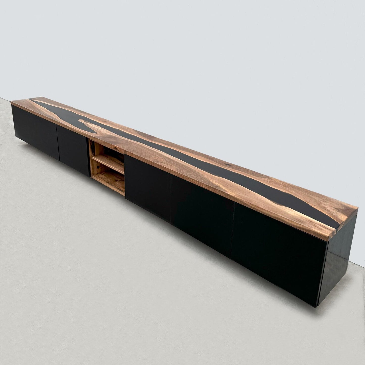 Floating Walnut & Black Resin Media Cabinet