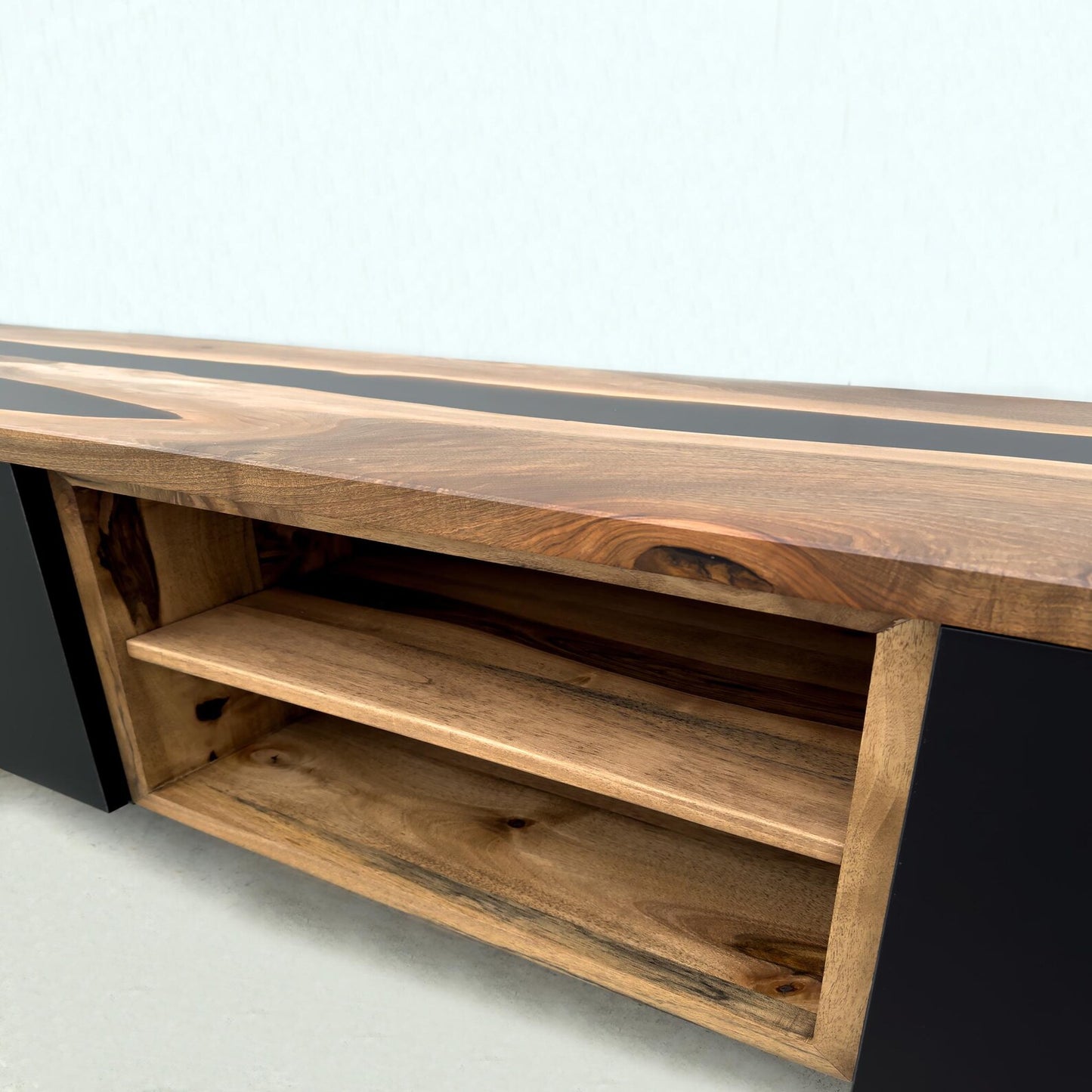 Floating Walnut & Black Resin Media Cabinet