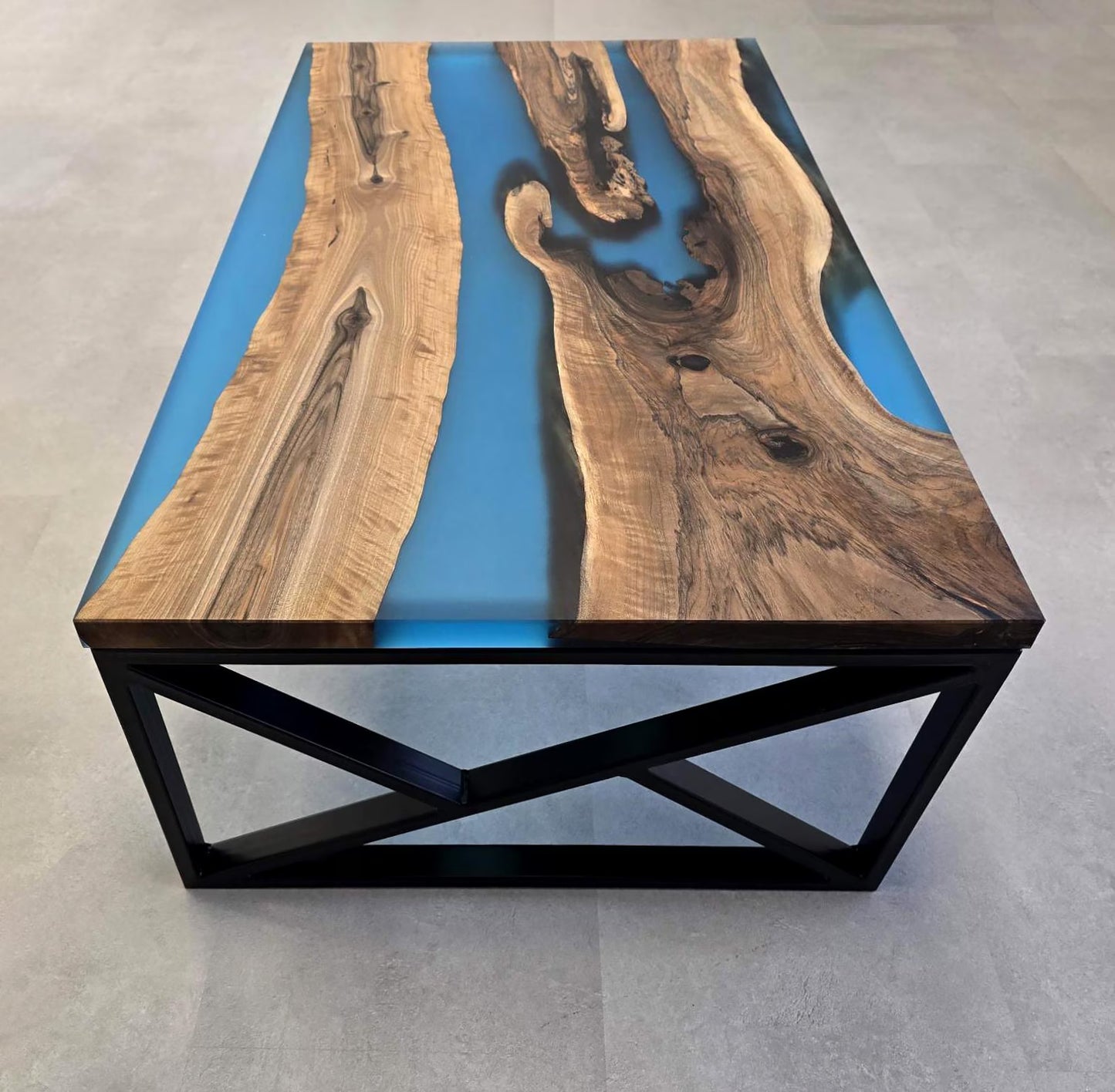 Walnut Deep Blue Epoxy Waterfall Contemporary Dining Table