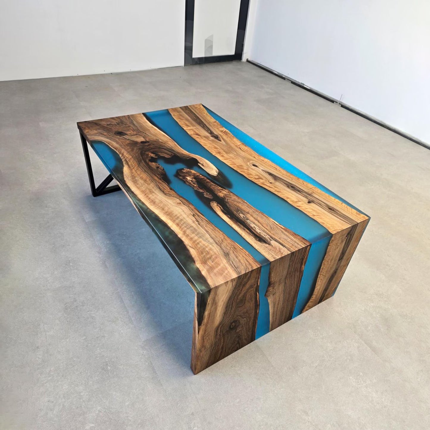 Walnut Deep Blue Epoxy Waterfall Contemporary Dining Table