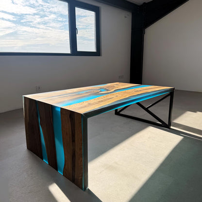 Walnut Deep Blue Epoxy Waterfall Contemporary Dining Table