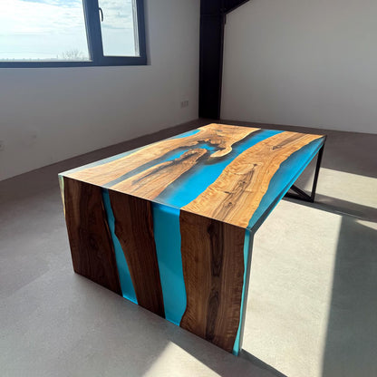 Walnut Deep Blue Epoxy Waterfall Contemporary Dining Table