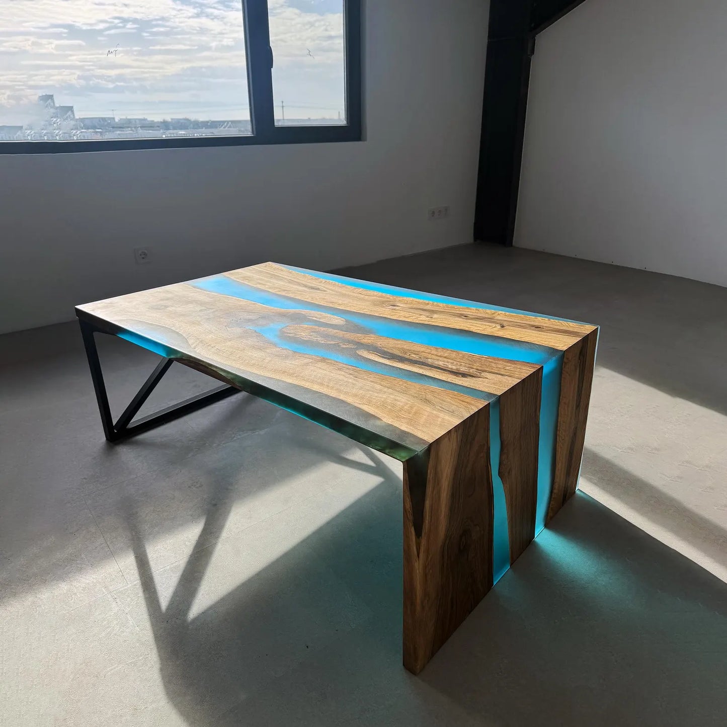 Walnut Deep Blue Epoxy Waterfall Contemporary Dining Table