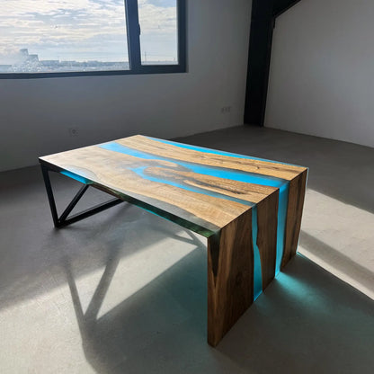 Walnut Deep Blue Epoxy Waterfall Contemporary Dining Table