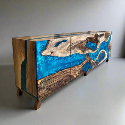 Sideboard aus Holz und Epoxidharz in Perltürkis
