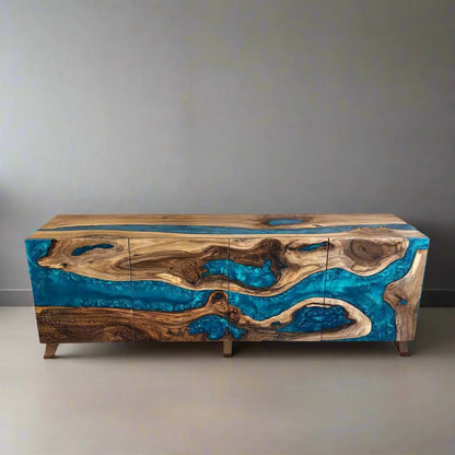 Sideboard aus Holz und Epoxidharz in Perltürkis